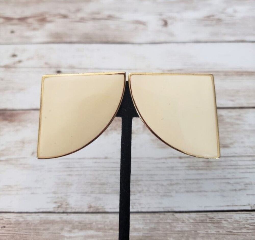 Vintage Clip On Earrings - Large Rounded Triangle Cream & Gold Tone